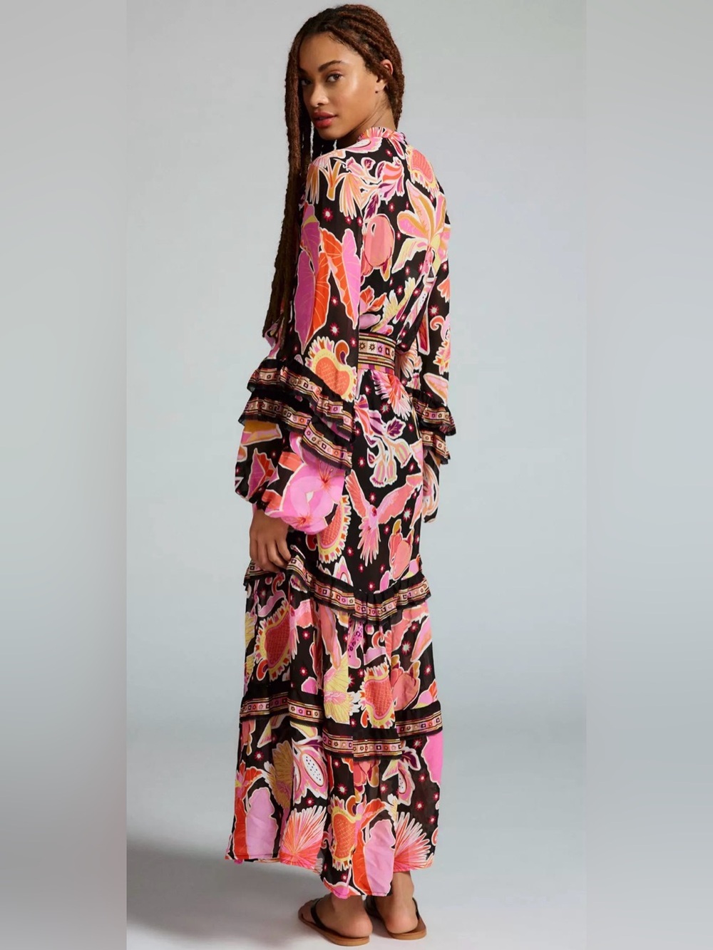 FARM RIO Enchanted Nature Tiered Sheer Floral Midi Dress NO SLIP
